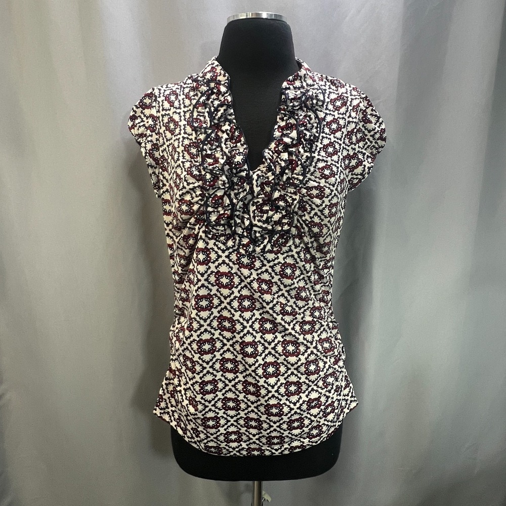 Heartsoul‎ Ruffle Tops Womens XL Multicolor Stretch Geometric Print Cap Sleeves